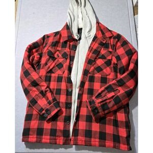 Swiss alps Red Flannel Buffalo Plaid Jacket With Gray Layer Zip Mens SZ L Hood